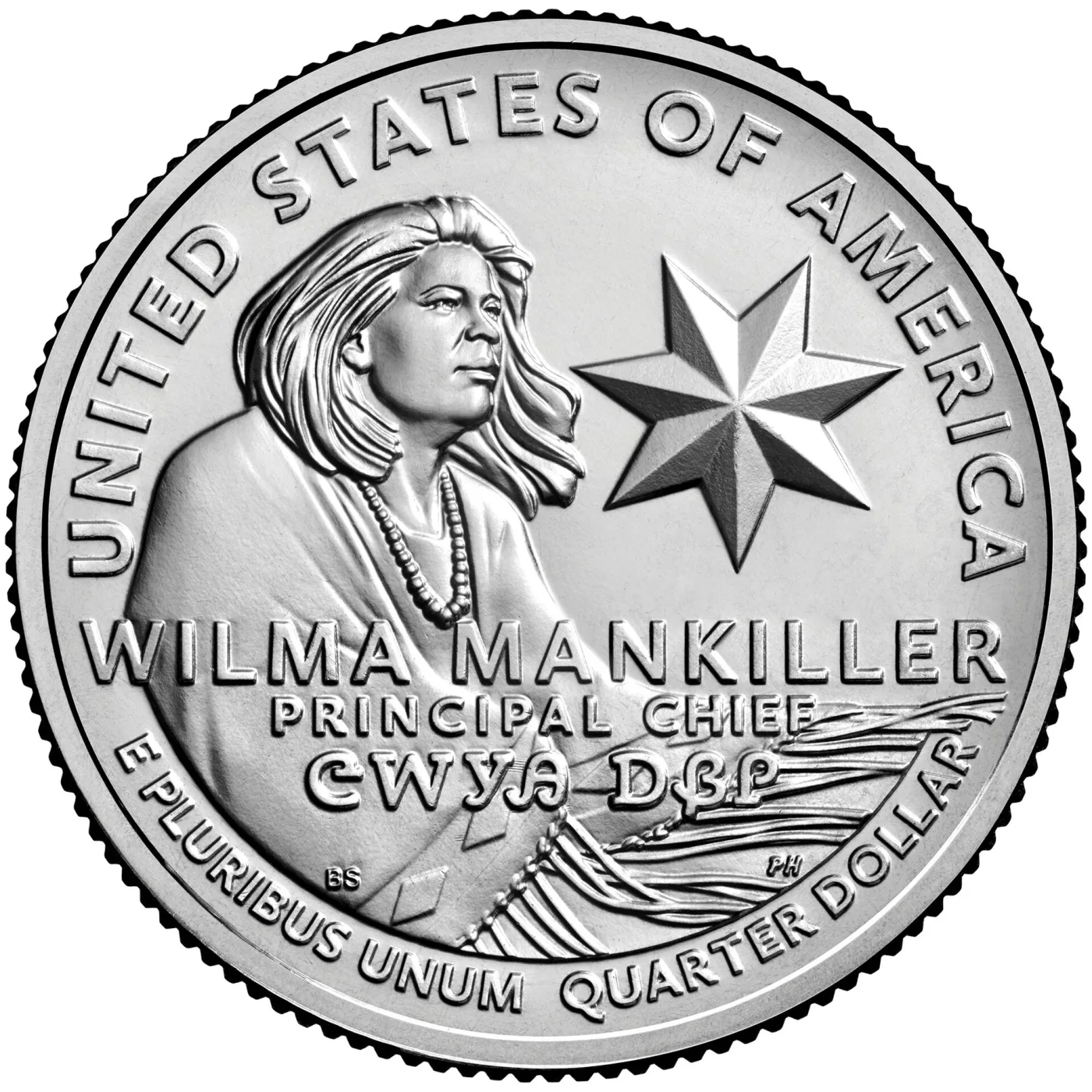 Reverse of the 2022 Wilma Mankiller quarter showing her in a shawl beside a seven-pointed star, with PRINCIPAL CHIEF and her name in Cherokee syllabary