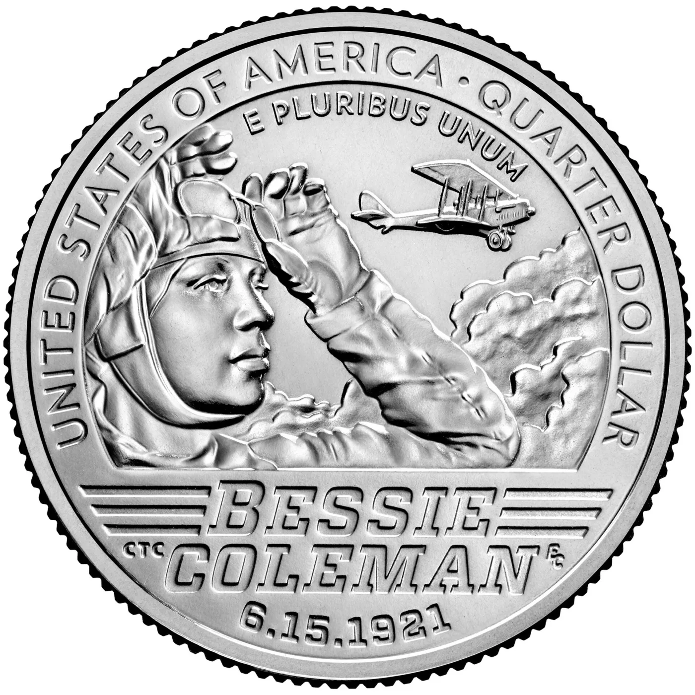 Reverse of the 2023 Bessie Coleman quarter showing her saluting in a leather flying helmet with a biplane above her and 6.15.1921 at the bottom
