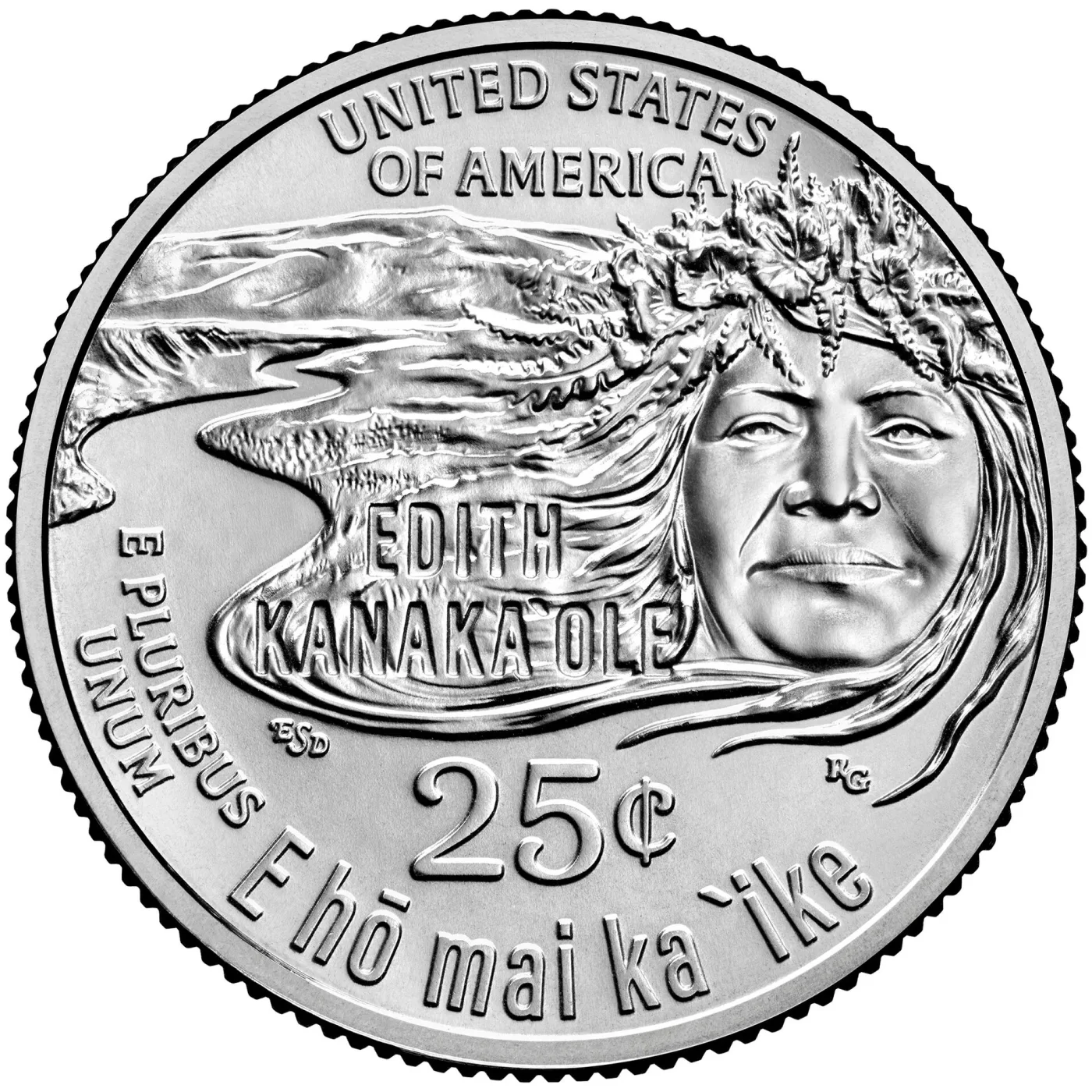 Reverse of the 2023 Edith Kanakaʻole quarter, her hair flowing into a landscape, with the denomination shown as 25 cents rather than QUARTER DOLLAR