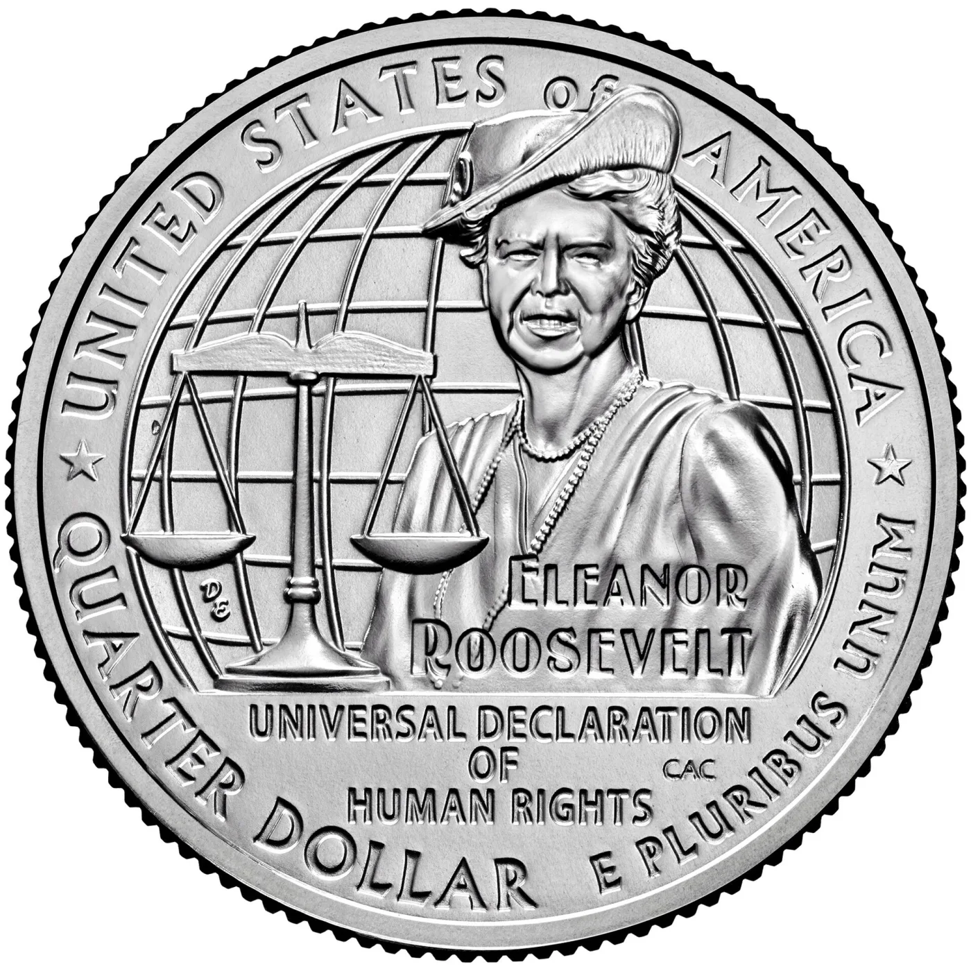 Reverse of the 2023 Eleanor Roosevelt quarter showing her before a globe grid with a balance scale and the words UNIVERSAL DECLARATION OF HUMAN RIGHTS