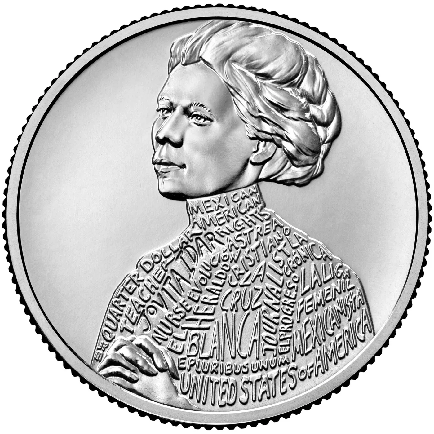 Reverse of the 2023 Jovita Idar quarter, her high collar and blouse composed entirely of words including UNITED STATES OF AMERICA, QUARTER DOLLAR and E PLURIBUS UNUM