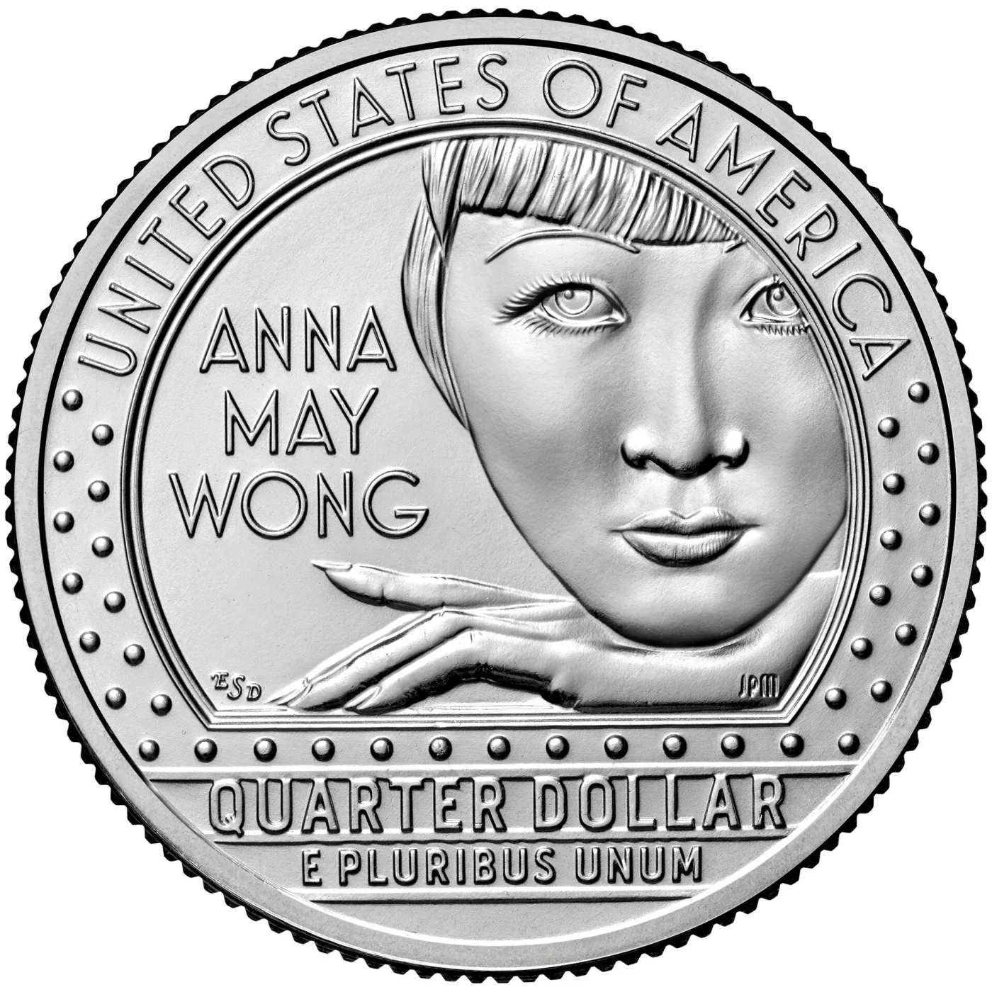 Reverse of the 2022 Anna May Wong quarter showing her chin resting on her hand inside a border of round marquee bulbs