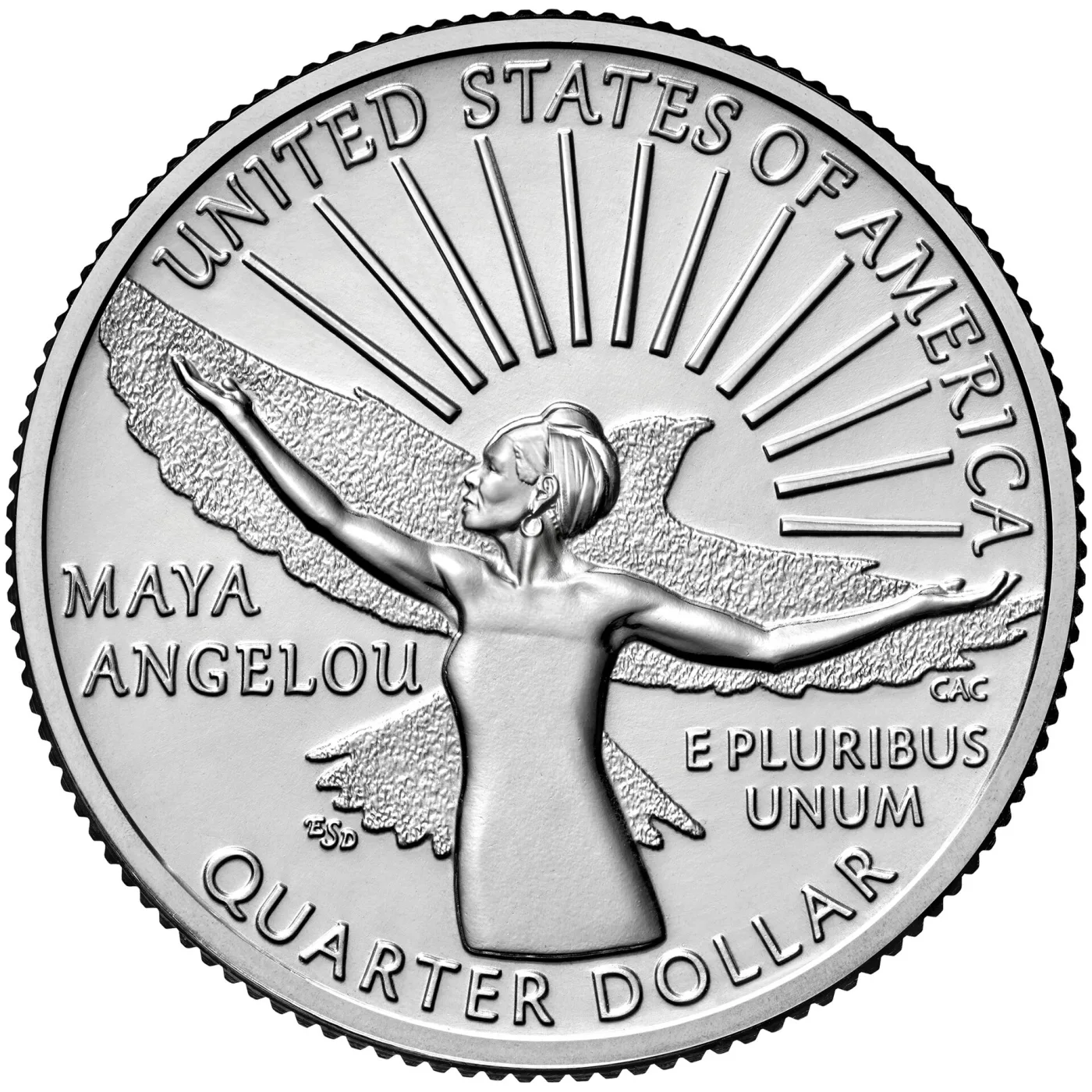 Reverse of the 2022 Maya Angelou quarter, the first American Women coin, showing her with arms outstretched before a rising sun and a bird