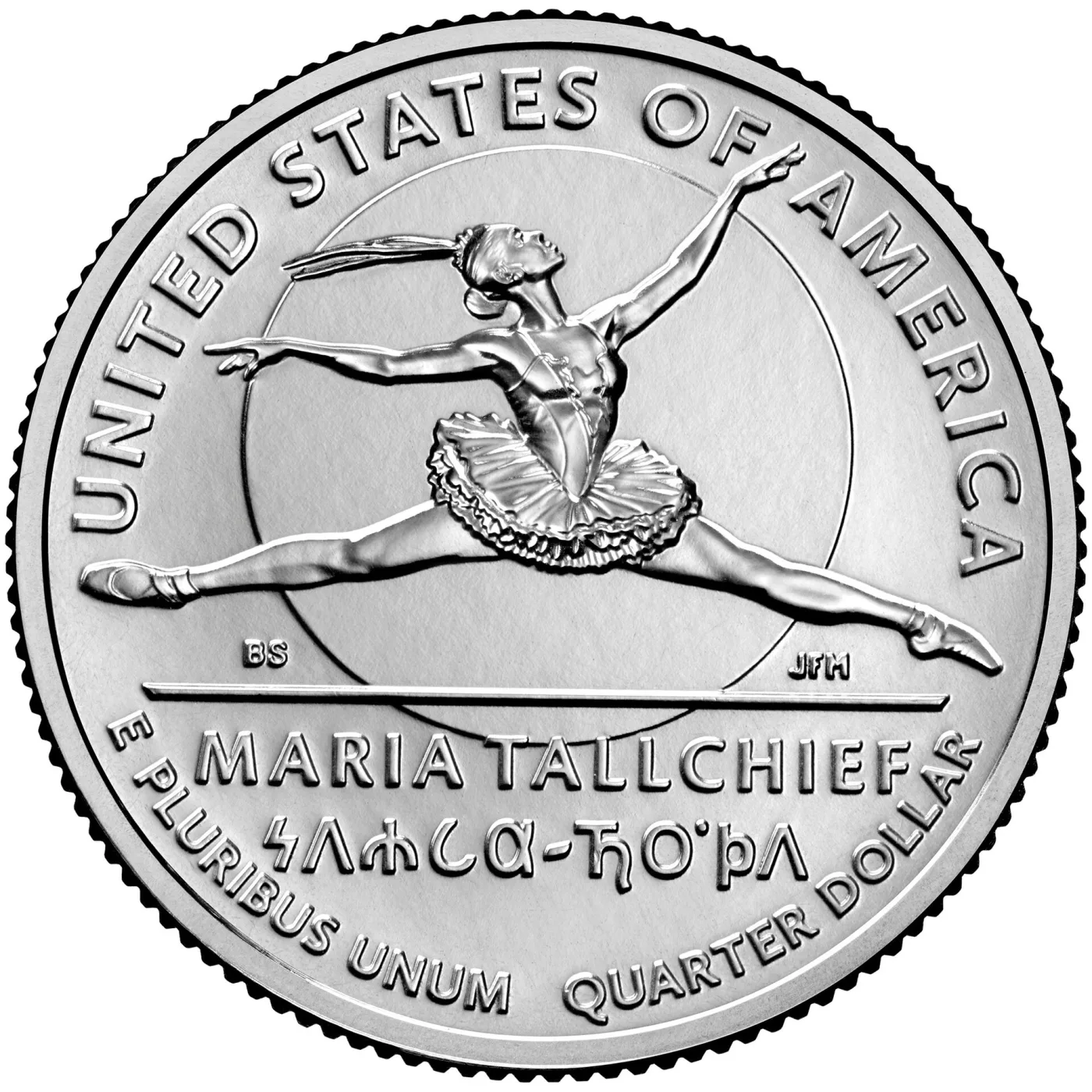 Reverse of the 2023 Maria Tallchief quarter showing her mid-leap above a horizontal barre with her name in Osage script beneath