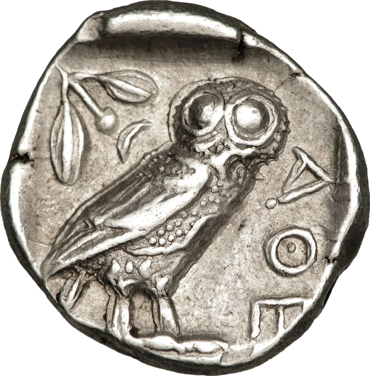 Reverse of a classical Athenian tetradrachm, owl standing right with an olive sprig and crescent, the letters alpha theta epsilon at the right