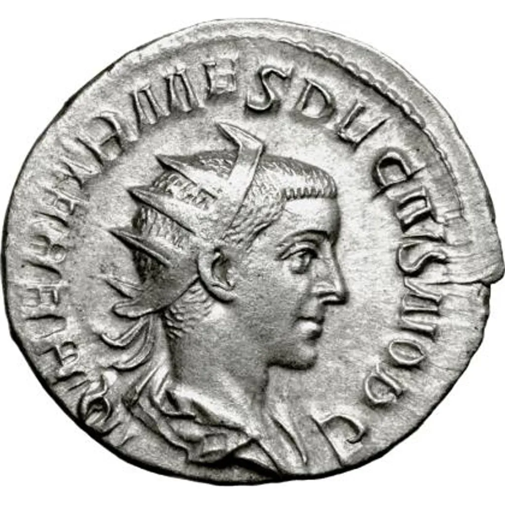 Obverse of a silver antoninianus of Herennius Etruscus, a young radiate bust facing right, legend ending NOB C
