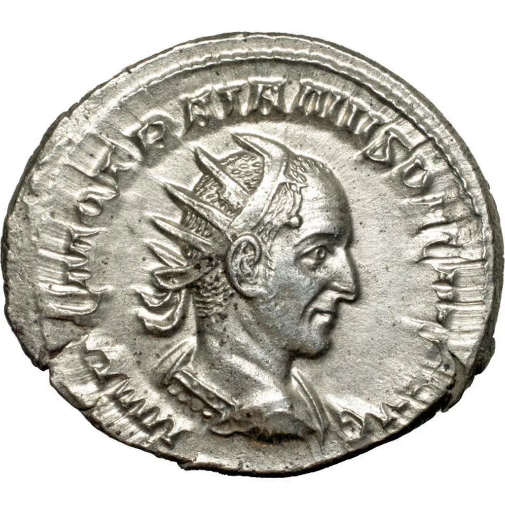 Obverse of a silver antoninianus of Trajan Decius, a mature radiate bust facing right with a full imperial legend