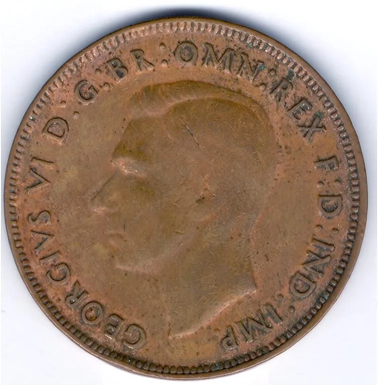 Obverse of the same 1943 Australian penny, a bare-headed portrait of King George VI facing left with a Latin legend