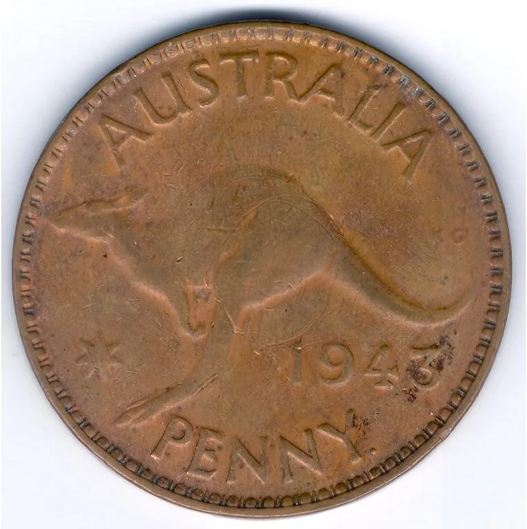 Reverse of an Australian penny dated 1943, a bounding kangaroo facing left with AUSTRALIA above and PENNY below