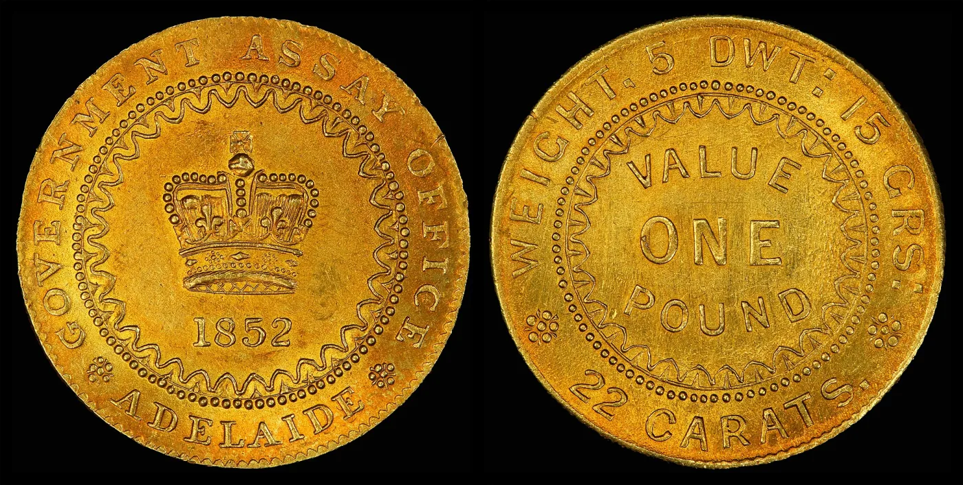 Obverse and reverse of a gold coin, one side reading GOVERNMENT ASSAY OFFICE ADELAIDE with a crown, the other showing a value inside a beaded circle