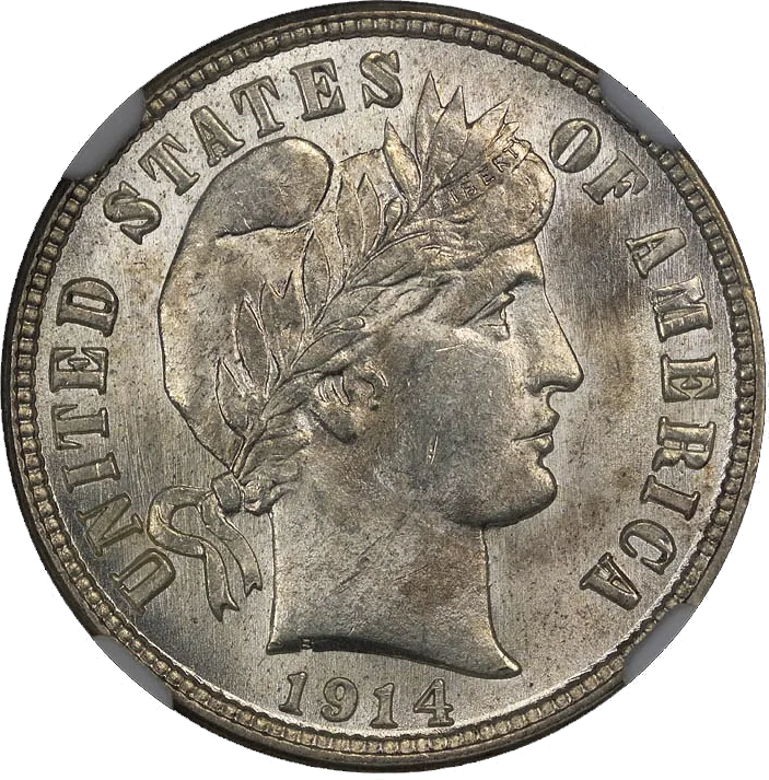 Obverse of a Mint State 1914 Barber dime with full cheek and headband detail