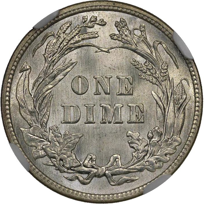 Reverse of a Mint State 1914 Barber dime with every wreath leaf and the ribbon bow fully struck