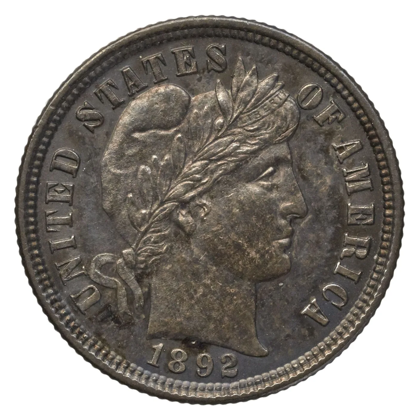 Obverse of an 1892 Barber dime with UNITED STATES OF AMERICA around the rim and LIBERTY on the headband