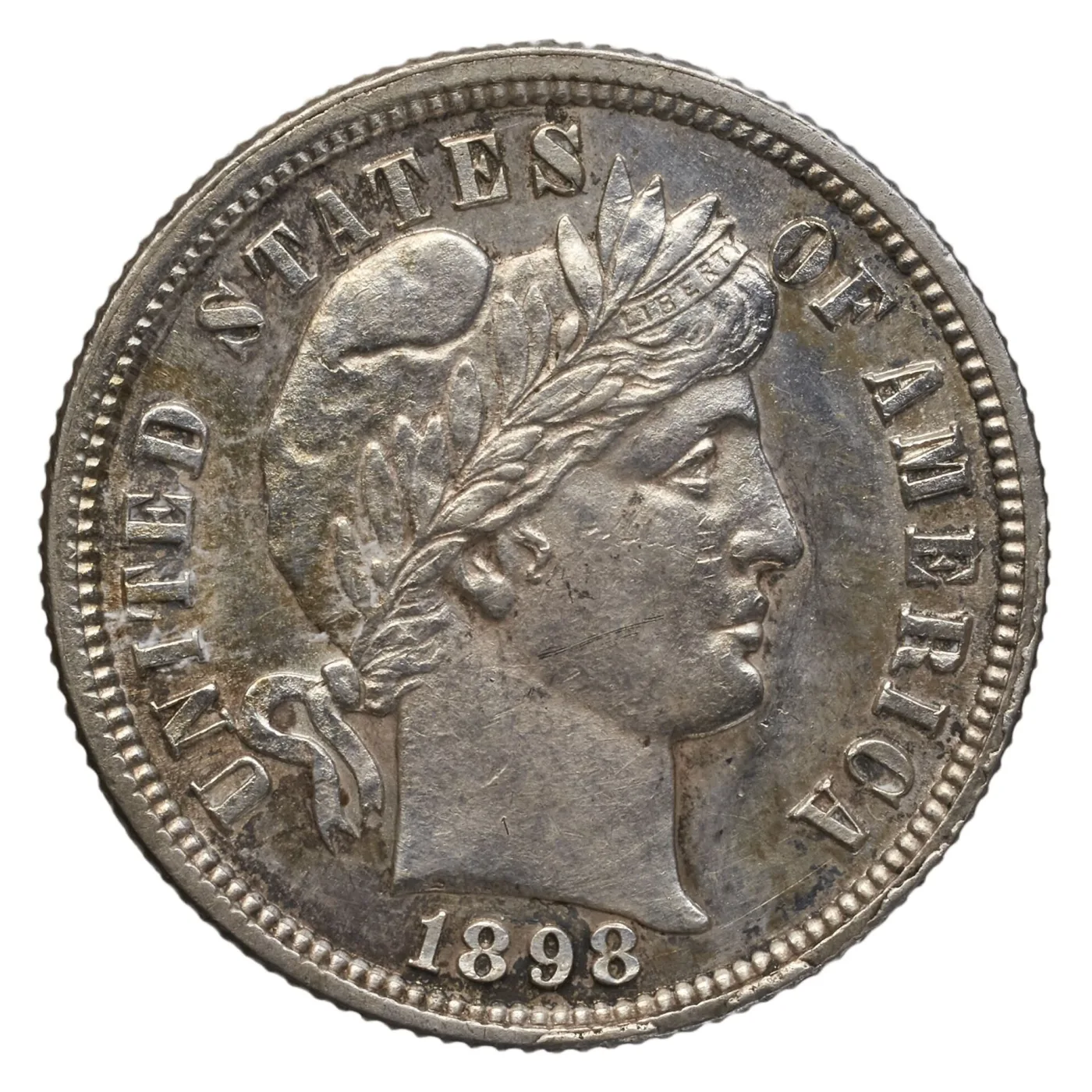 Obverse of an 1898 Barber dime with all seven letters of LIBERTY sharp on the headband