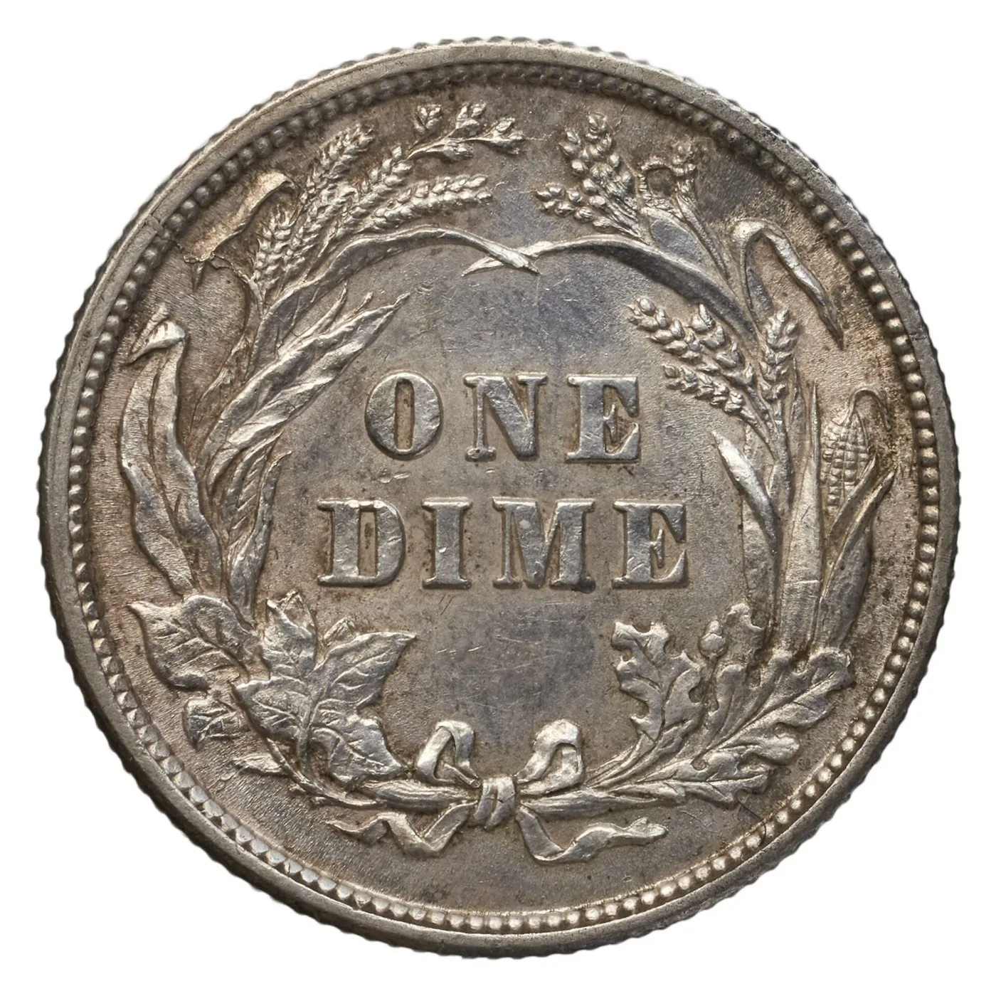 Reverse of an 1898 Philadelphia Barber dime with bare field below the wreath bow and no mint mark