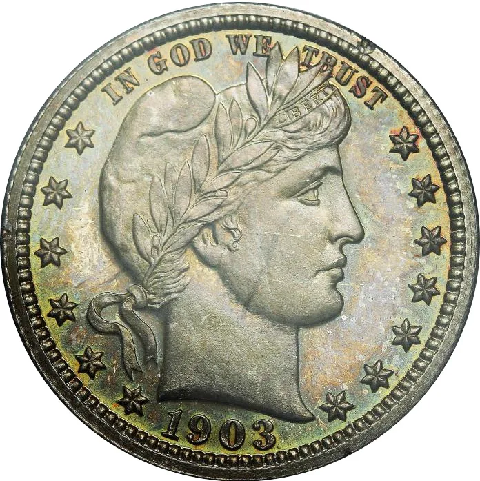 Obverse of a toned 1903 proof Barber quarter showing Liberty facing right in a laurel wreath, LIBERTY on the headband and the date 1903 below the bust