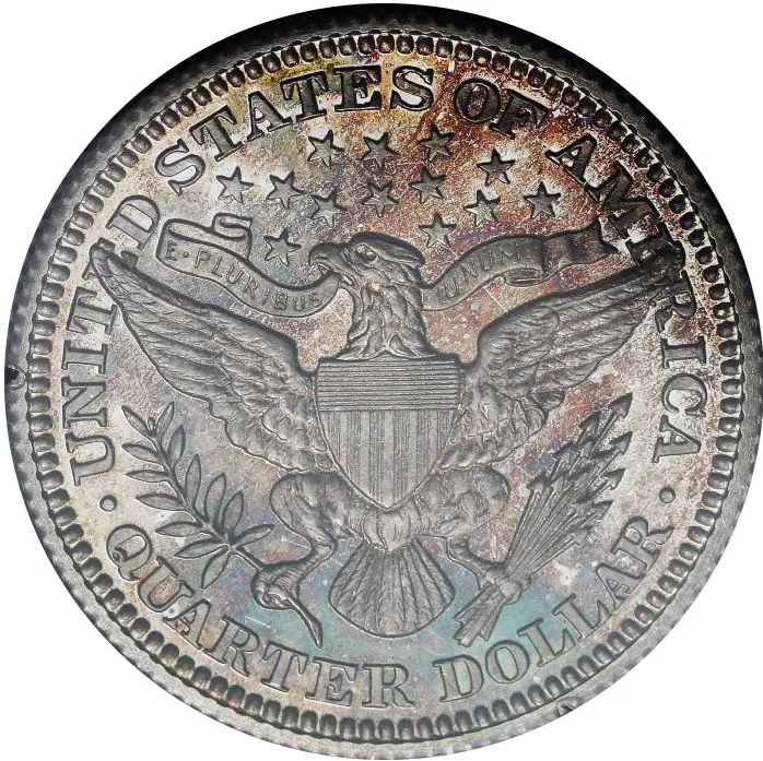 Reverse of a toned 1903 proof Barber quarter showing the heraldic eagle with striped shield, olive branch and arrows, and QUARTER DOLLAR around the lower rim
