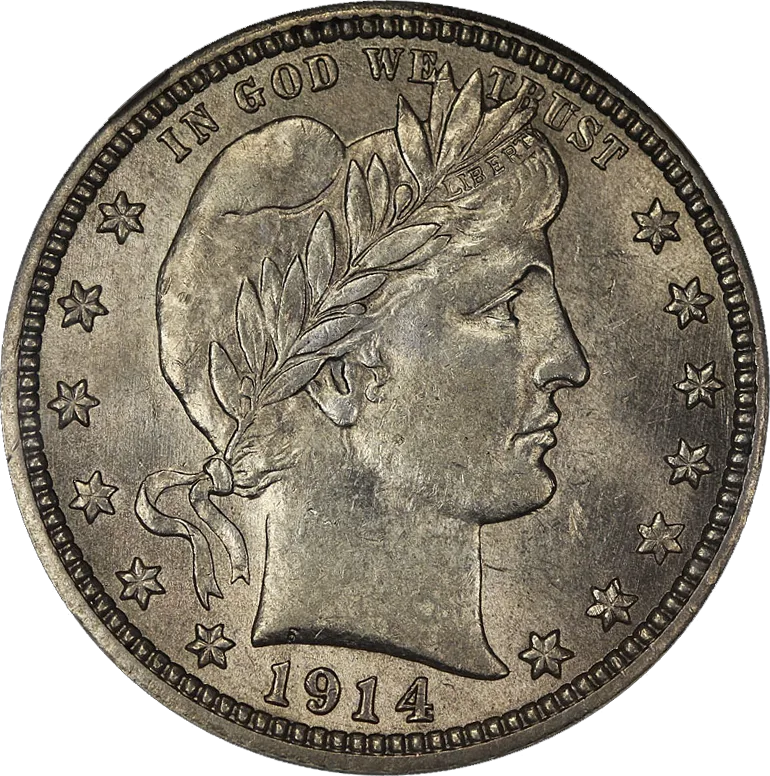 Obverse of a 1914 Barber quarter in About Uncirculated condition, Liberty facing right in a laurel-wreathed cap with LIBERTY sharp on the headband and the date 1914 below the bust