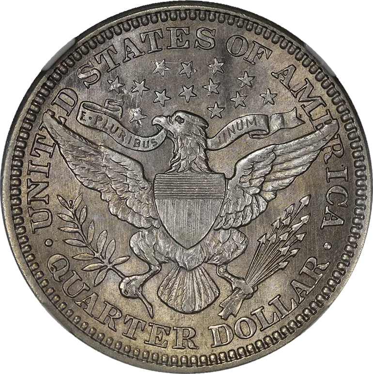 Reverse of a 1914 Philadelphia Barber quarter with an empty field below the eagle where a mint mark would sit above QUARTER DOLLAR