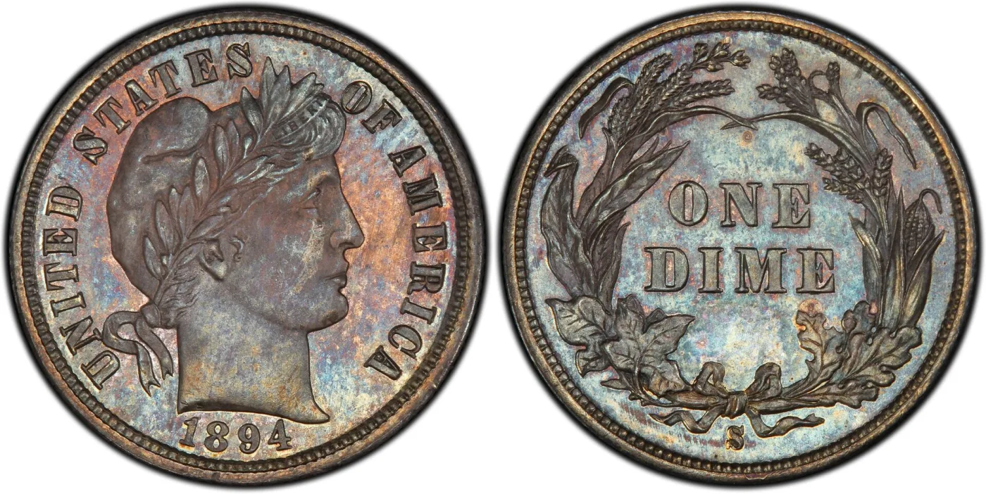 Obverse and reverse of an 1894-S Barber dime, the obverse dated 1894 and the reverse showing ONE DIME inside a wreath with an S mint mark below the bow