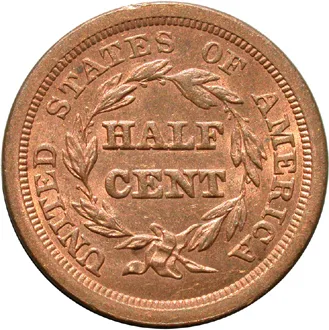 Reverse of an uncirculated 1851 Braided Hair half cent with full wreath detail and bright red-orange surfaces