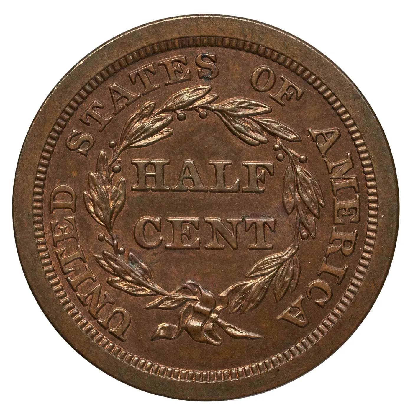 Reverse of an 1849 Braided Hair half cent showing HALF CENT inside a wreath of leaves and berries tied with a ribbon bow, with no fraction below