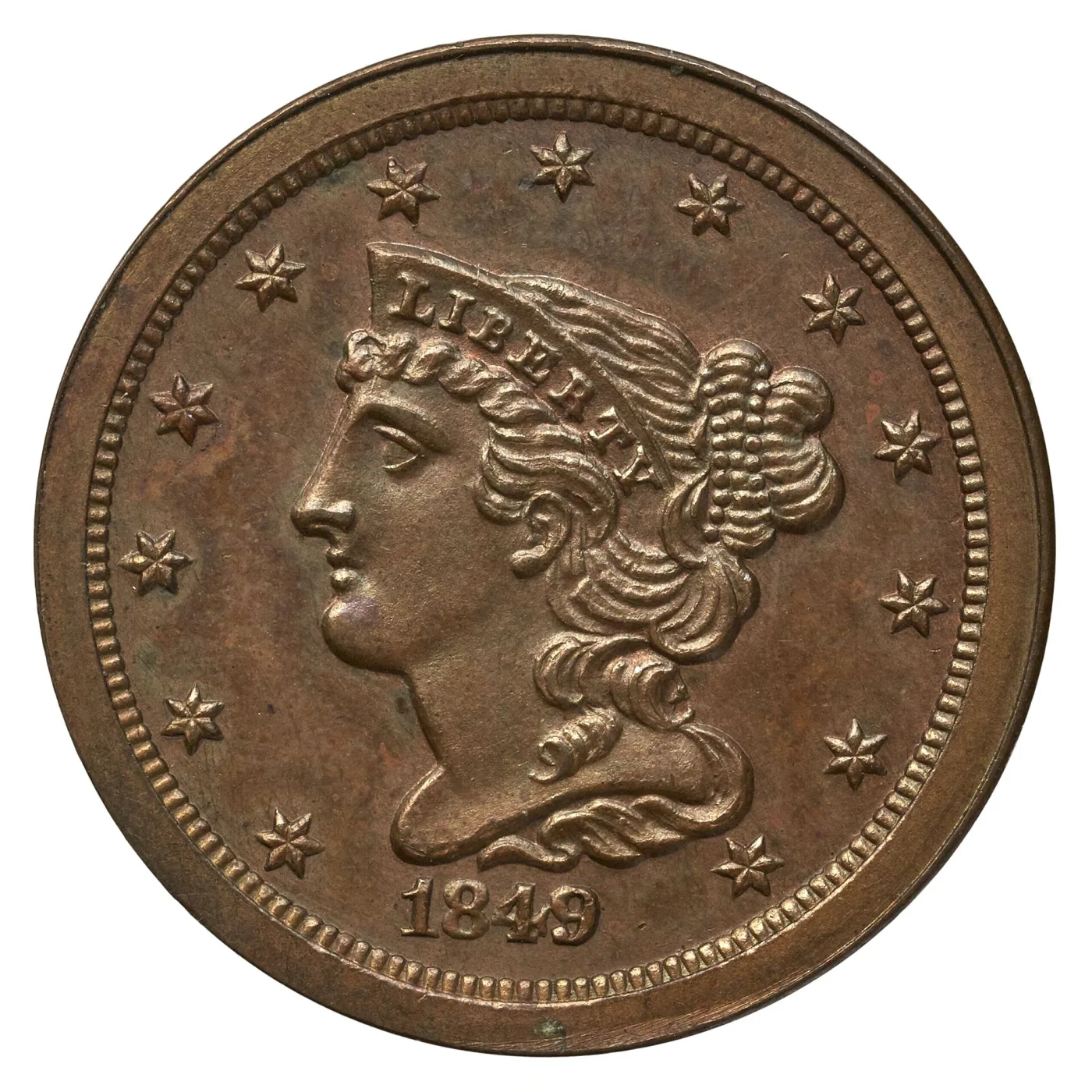 Obverse of an 1849 Braided Hair half cent, Liberty facing left with LIBERTY on the coronet band, hair drawn into a beaded braided bun, thirteen stars around the border and the date 1849 below