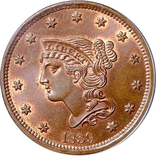 Obverse of an 1839 large cent in red-brown Mint State, Liberty's hair combed smoothly back and gathered into a tight beaded plait coiled behind the head, under a flat coronet band lettered LIBERTY