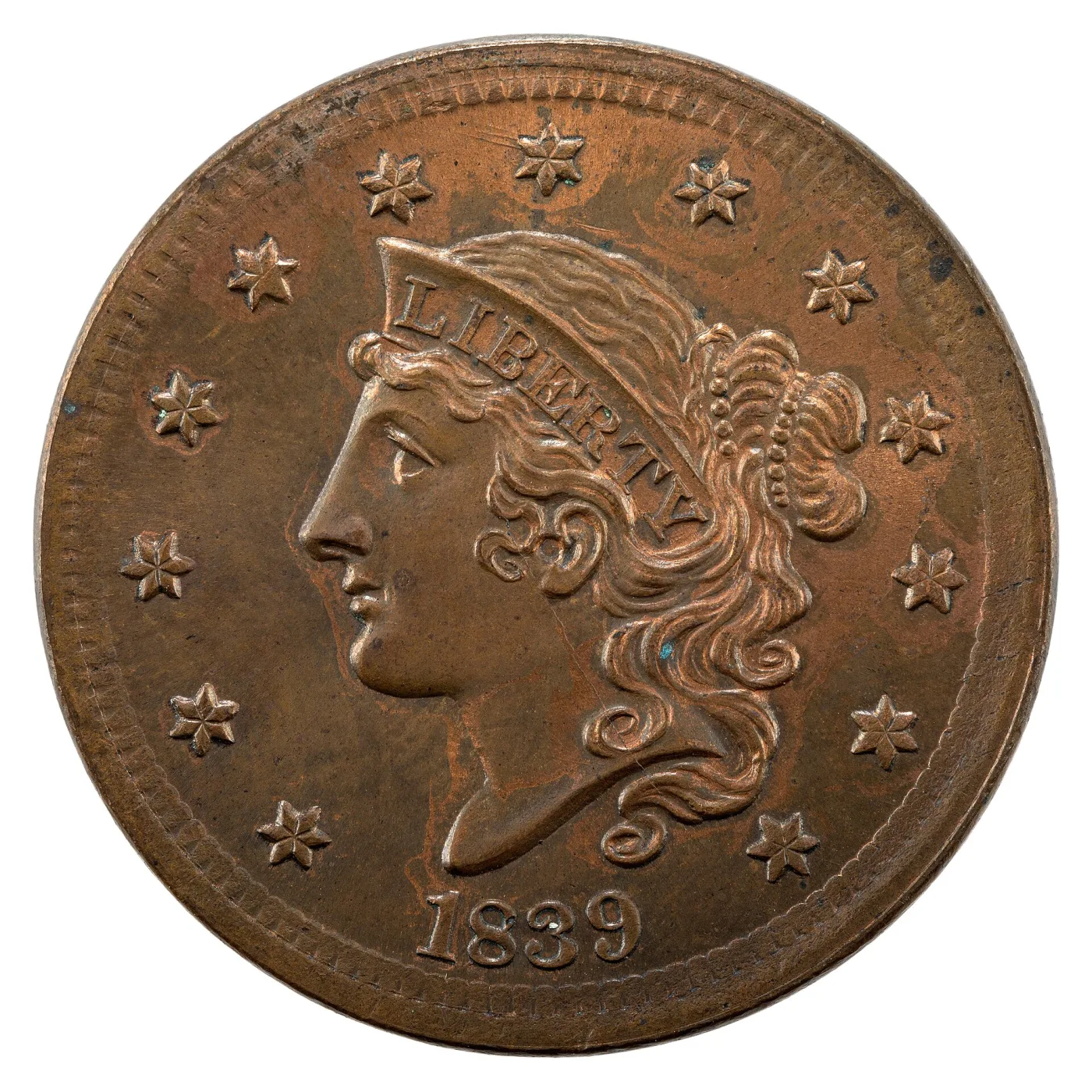 Obverse of a different 1839 large cent whose hair falls in loose waves and long curls behind the ear and down the neck, bunched with a beaded cord instead of a plaited braid