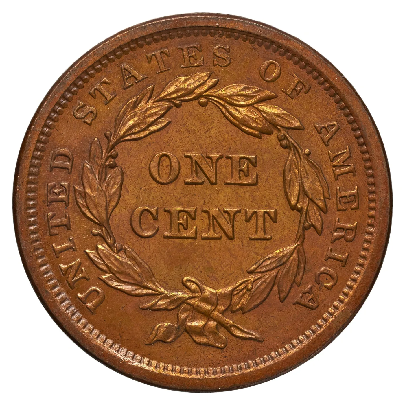 Reverse of an 1840 large cent with ONE CENT inside a continuous laurel wreath tied by a ribbon bow, UNITED STATES OF AMERICA arching around the rim, and a completely bare field between the bow and the dentils