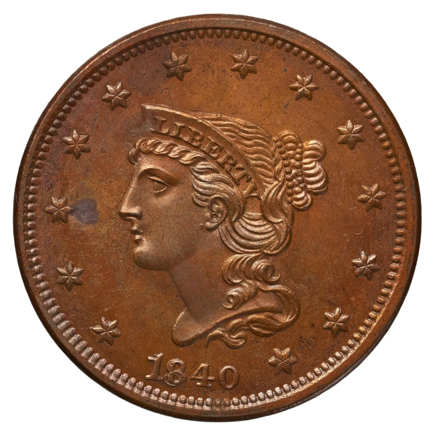 Obverse of an 1840 large cent, the Petite Head, the portrait small enough to leave a clear band of open field between the point of the coronet and the stars above it