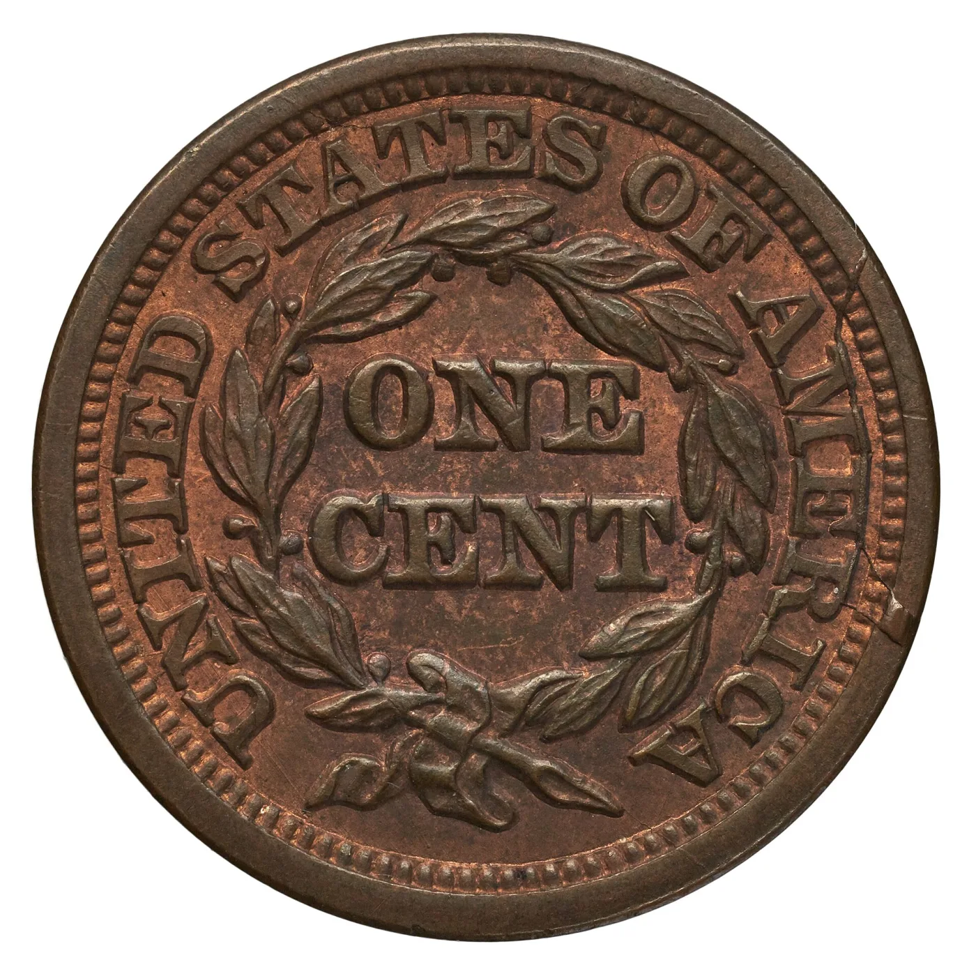 Reverse of an 1847 large cent, ONE CENT inside the wreath with the outer legend cut in large heavy letters, and a fine line running in from the rim on the right across the dentils