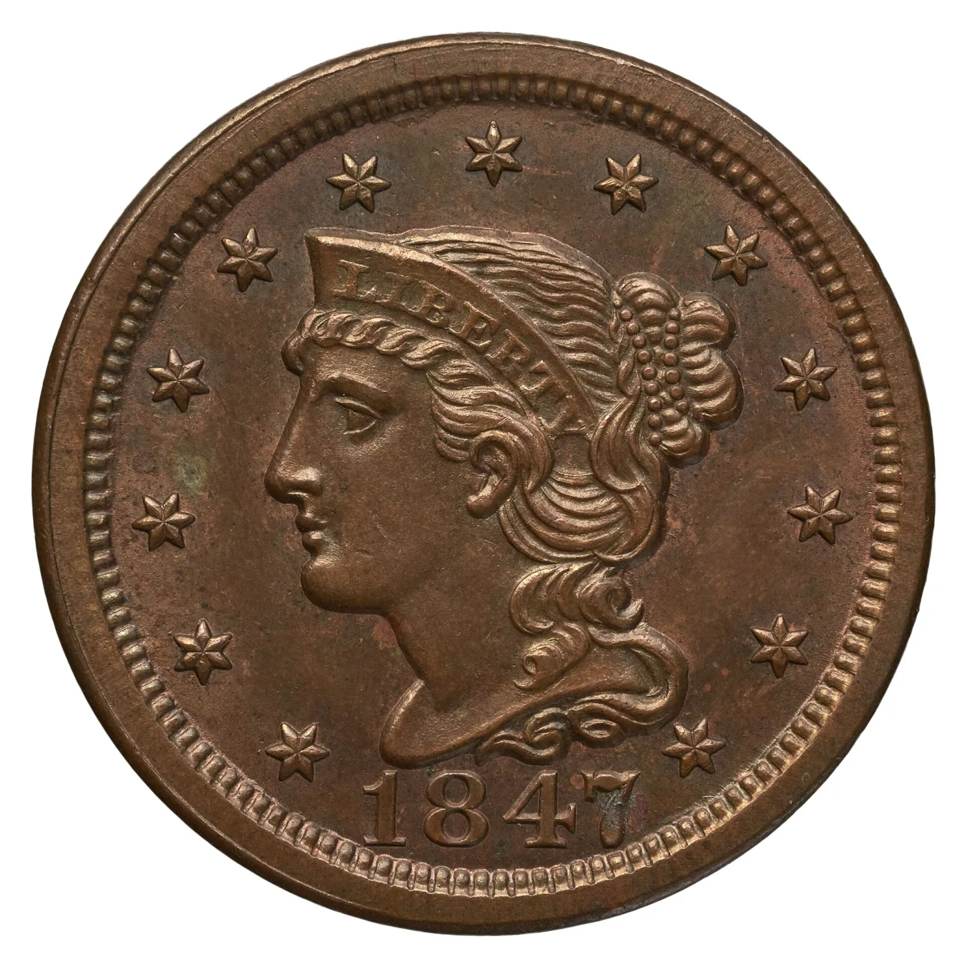 Obverse of an 1847 large cent, the Mature Head, the larger portrait crowding the surrounding stars and filling far more of the field