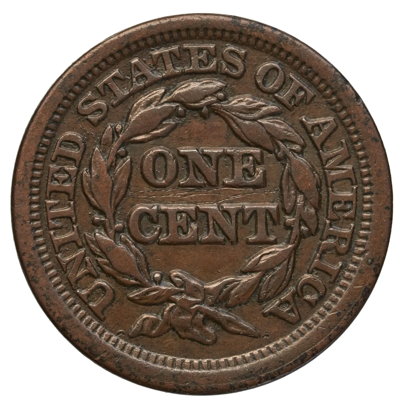Reverse of the same circulated 1851 large cent, the bow knot rubbed to a smooth lump and the wreath leaves flattened while the outer legend stays complete