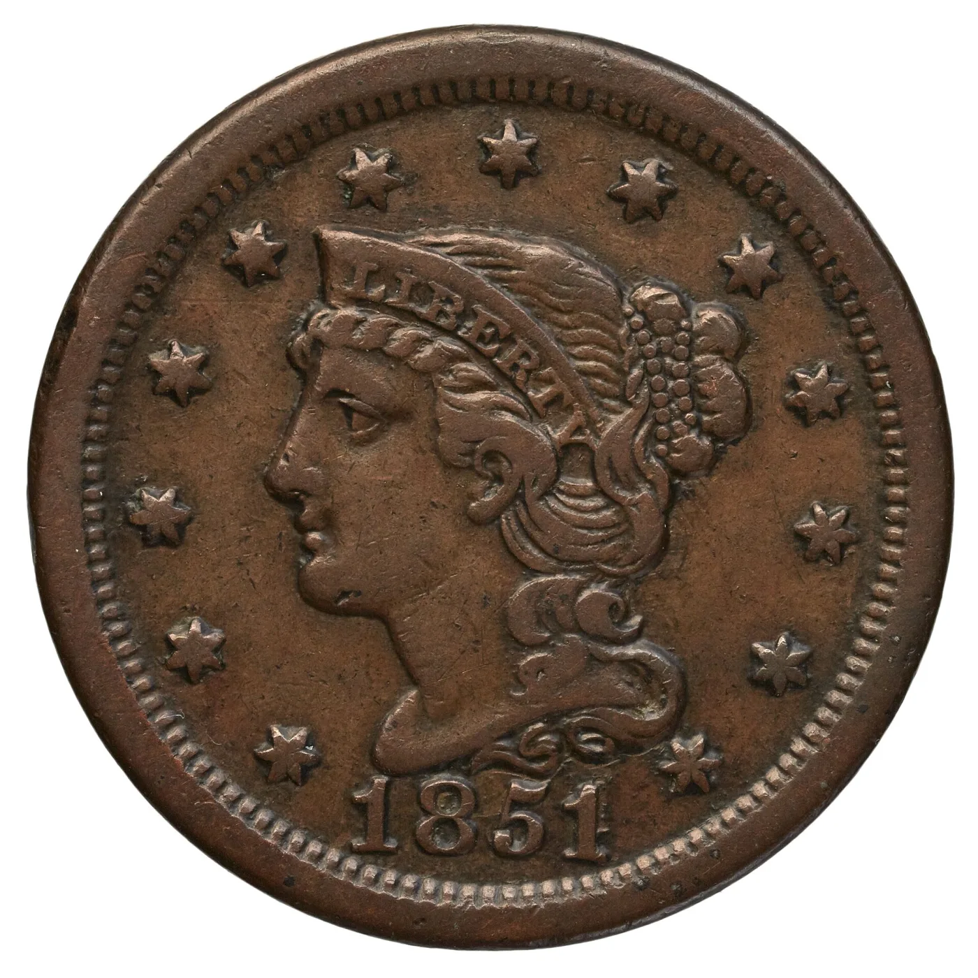 Obverse of a circulated 1851 large cent, the cheek and the hair above the ear rubbed flat while every letter of LIBERTY on the coronet remains sharp