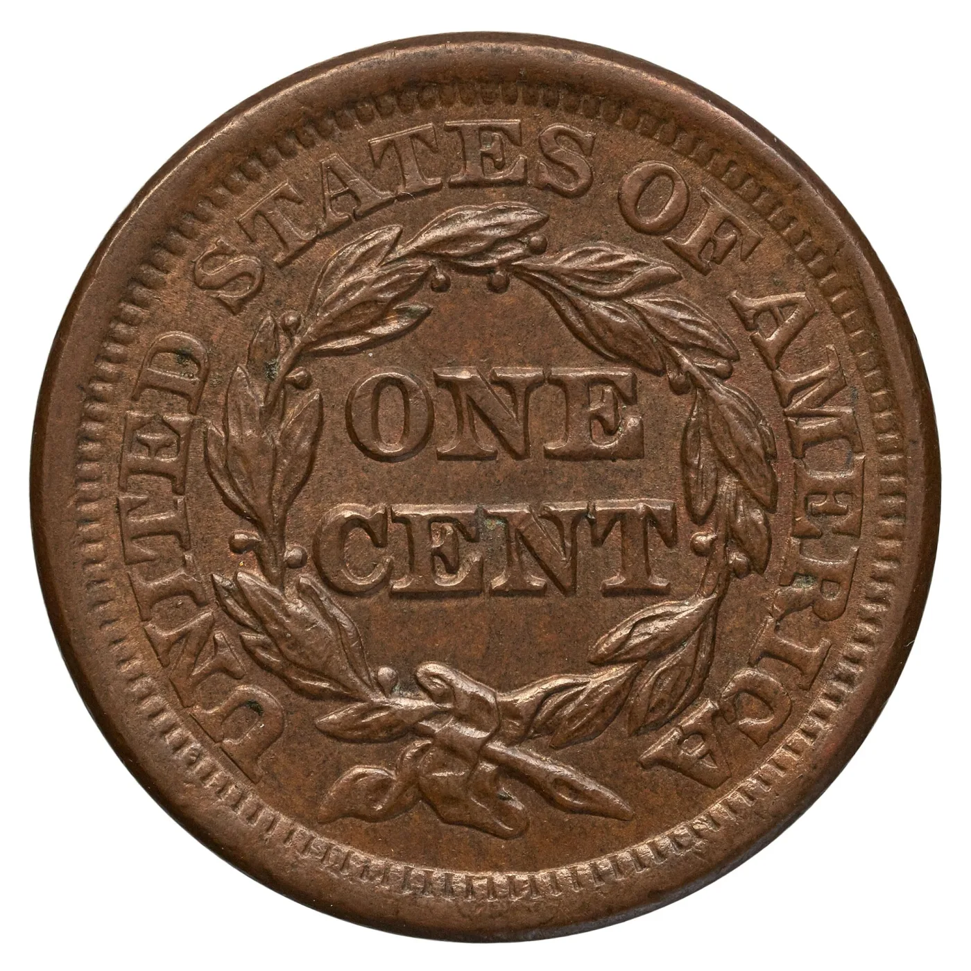 Reverse of an 1856 large cent, sharply struck, showing the individual wreath leaves, the berries on each branch and the loops and ribbon ends of the bow against a clean field