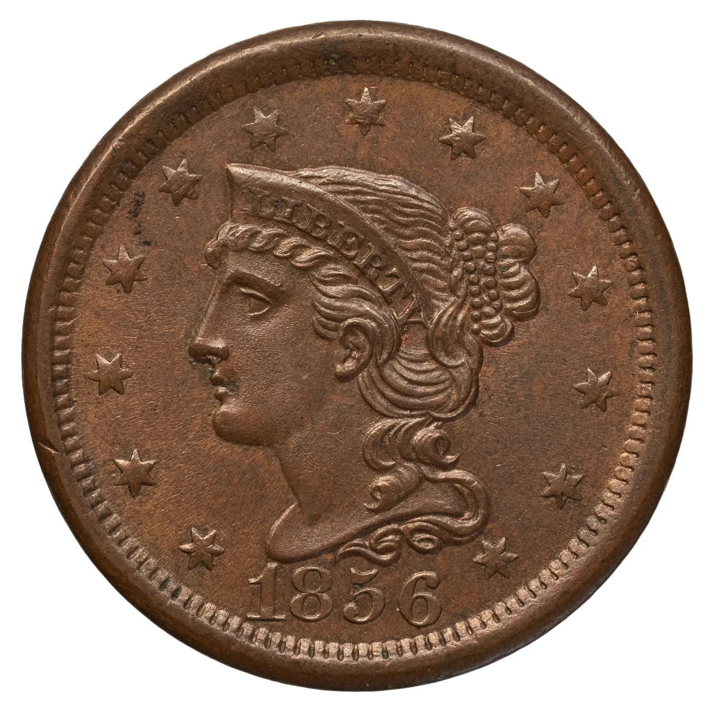 Obverse of an 1856 Braided Hair large cent, Liberty facing left with her hair drawn into a beaded braid behind a coronet lettered LIBERTY, thirteen stars around the portrait and the date below the bust