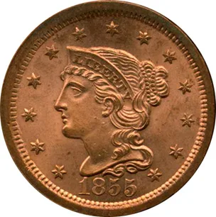 Obverse of an 1855 large cent with full original mint red, the field beside the earlobe smooth and unbroken and both fives in the date standing upright