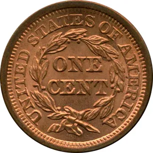 Reverse of the same 1855 large cent, still fully red, with ONE CENT inside the wreath and an empty field under the ribbon bow