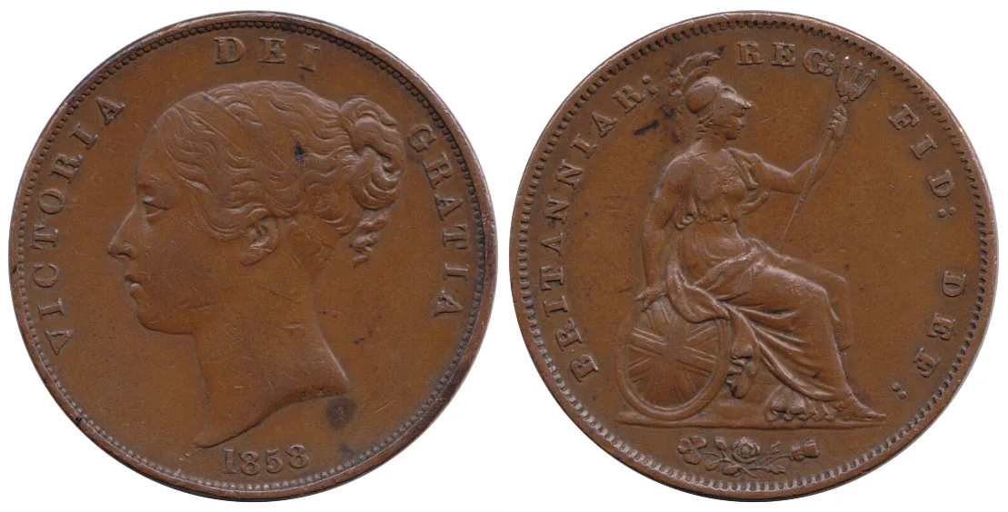 Obverse and reverse of an 1858 British penny, a girlish laureate profile of Queen Victoria facing left, and a seated Britannia