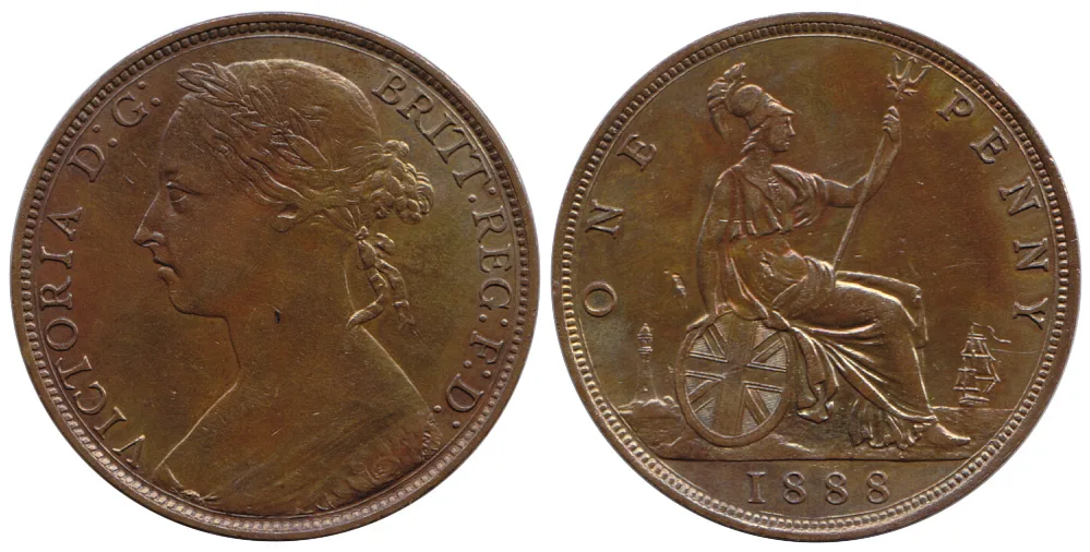 Obverse and reverse of an 1888 British penny, Victoria with her hair in a coiled bun at the back of the head, and a seated Britannia with the date below