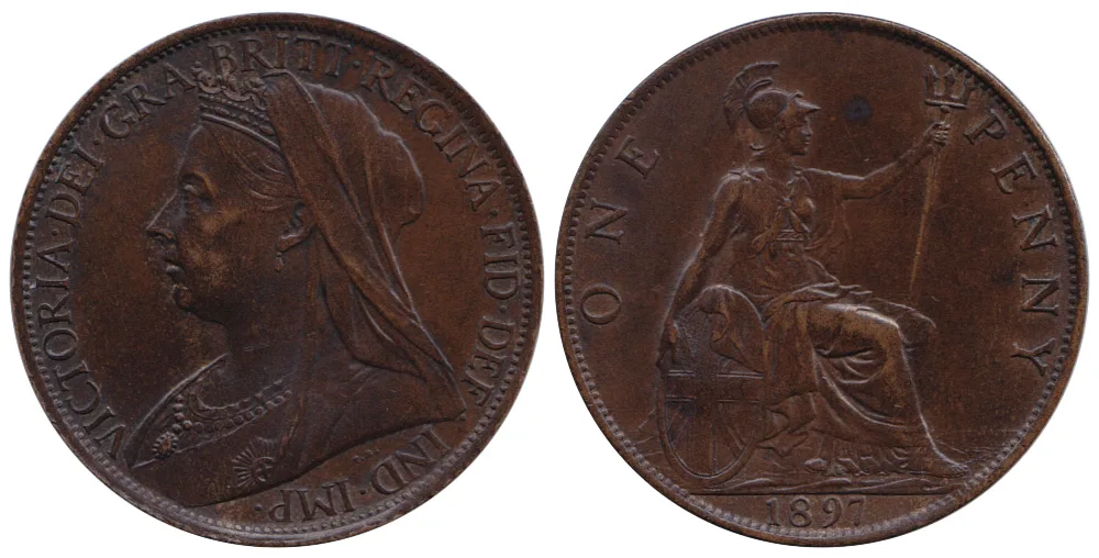Obverse and reverse of an 1897 British penny, an older veiled profile of Victoria, and a seated Britannia