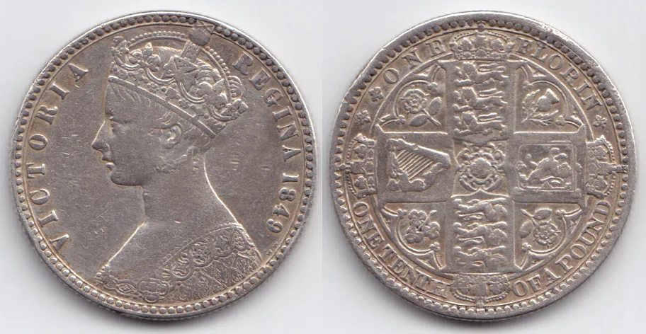 Obverse and reverse of an 1849 British florin, the obverse legend reading VICTORIA REGINA 1849 with no other titles, the reverse showing four crowned shields in a cross