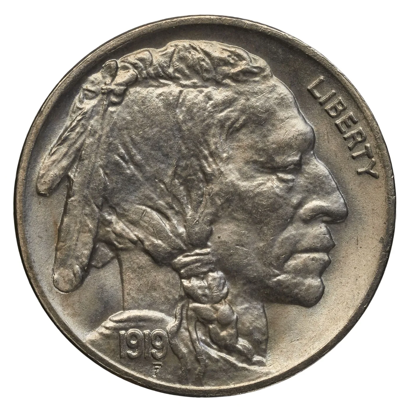 Obverse of a Buffalo nickel dated 1919 with virtually no wear, individual hair strands visible above the braid and a rounded textured cheekbone