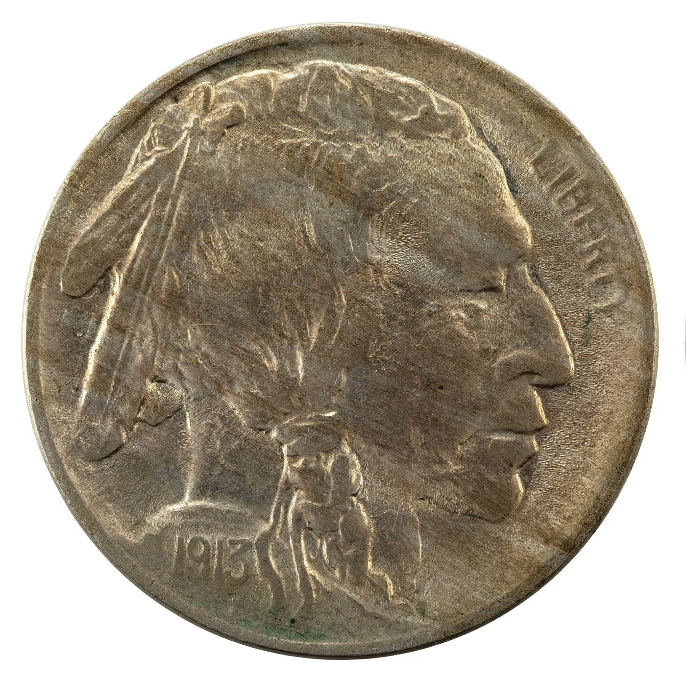 Obverse of a Buffalo nickel dated 1913, the chief in left profile with LIBERTY at the upper right