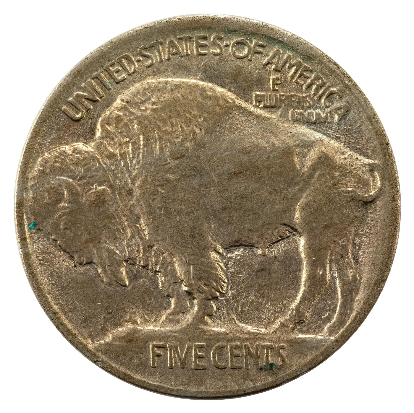 Type 1 Buffalo nickel reverse, the bison standing on a raised rounded mound with FIVE CENTS lettered on the sloping face of the mound