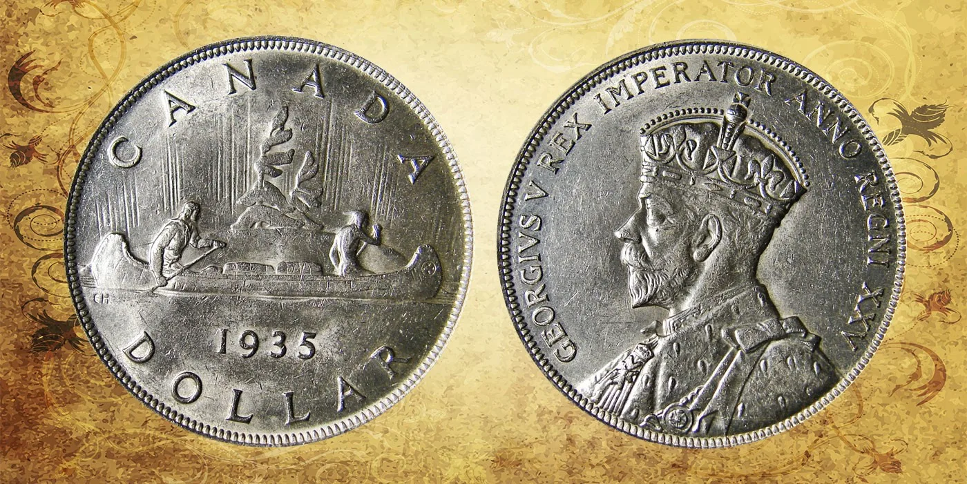 Obverse and reverse of a 1935 Canadian silver dollar, two figures paddling a canoe and a crowned bust of King George V