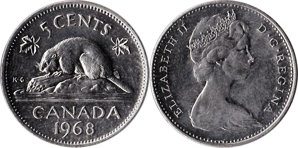 Obverse and reverse of a 1968 Canadian five cent coin, round and silver-coloured, with a beaver on one side and Queen Elizabeth II on the other