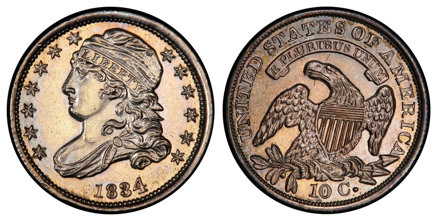 Obverse and reverse of an 1834 Capped Bust dime, the obverse with LIBERTY on the headband and thirteen stars, the reverse with a shield-breasted eagle and the denomination 10 C.