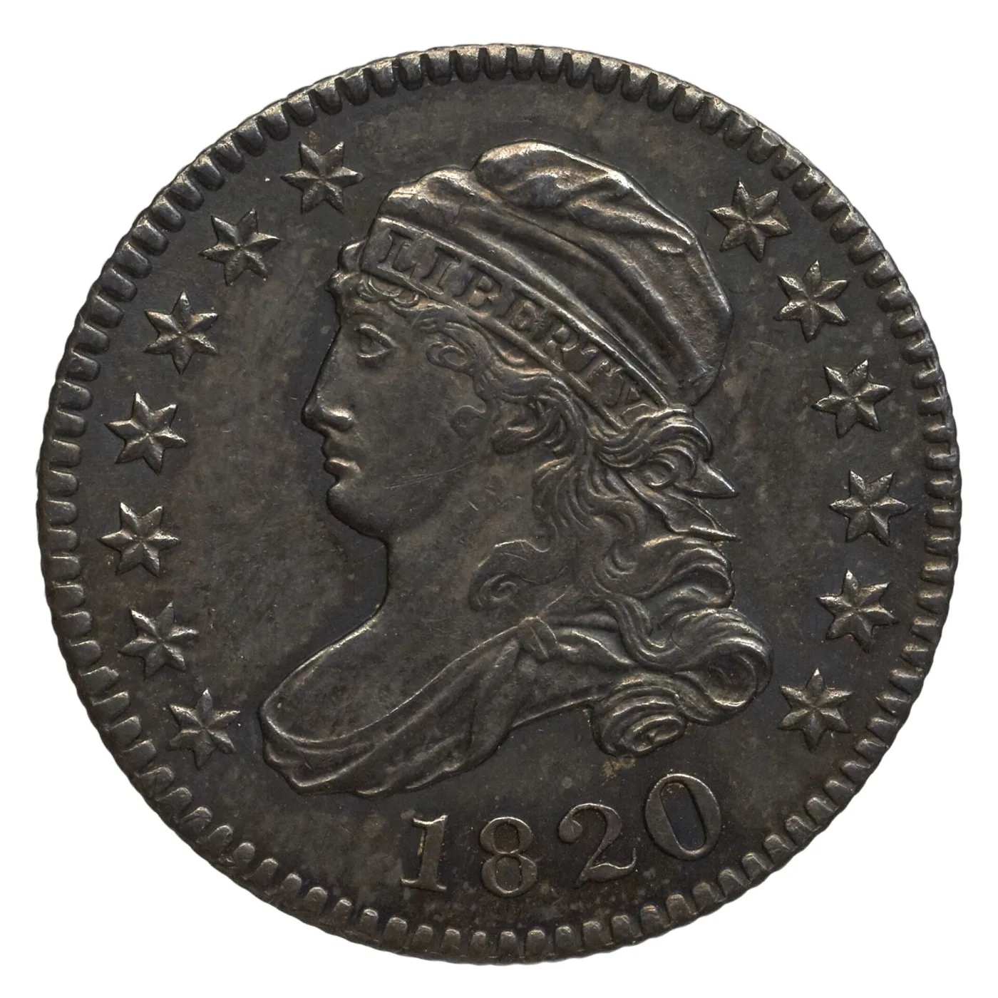 Obverse of an 1820 Large Size Capped Bust dime, the stars and date running out almost to the denticles